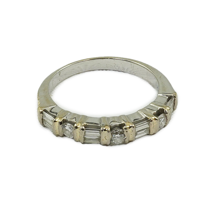 A modern white gold?, baguette and round cut diamond cluster set half hoop ring